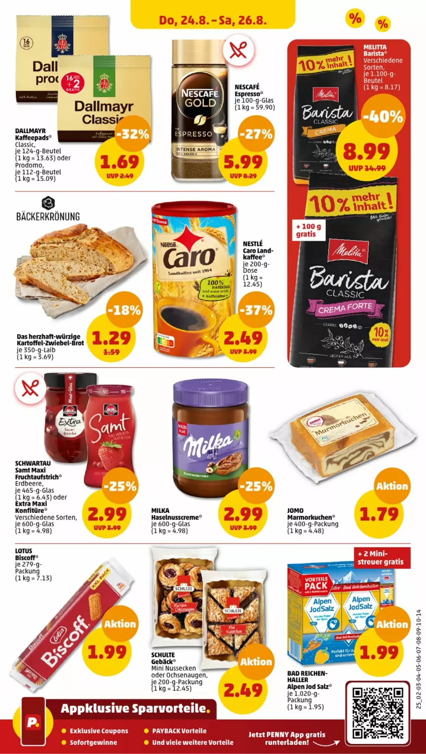 Aktueller Prospekt Penny - Prospekte - von 21.08 bis 26.08.2023 - strona 27 - produkty: aufstrich, Bad, beere, beutel, biscoff, brot, creme, dallmayr, erdbeere, espresso, frucht, fruchtaufstrich, haselnuss, Haselnusscreme, kartoffel, konfitüre, kuchen, Marmorkuchen, milka, ndk, nescafe, nuss, prodomo, salz, Schwartau, Ti, zwiebel