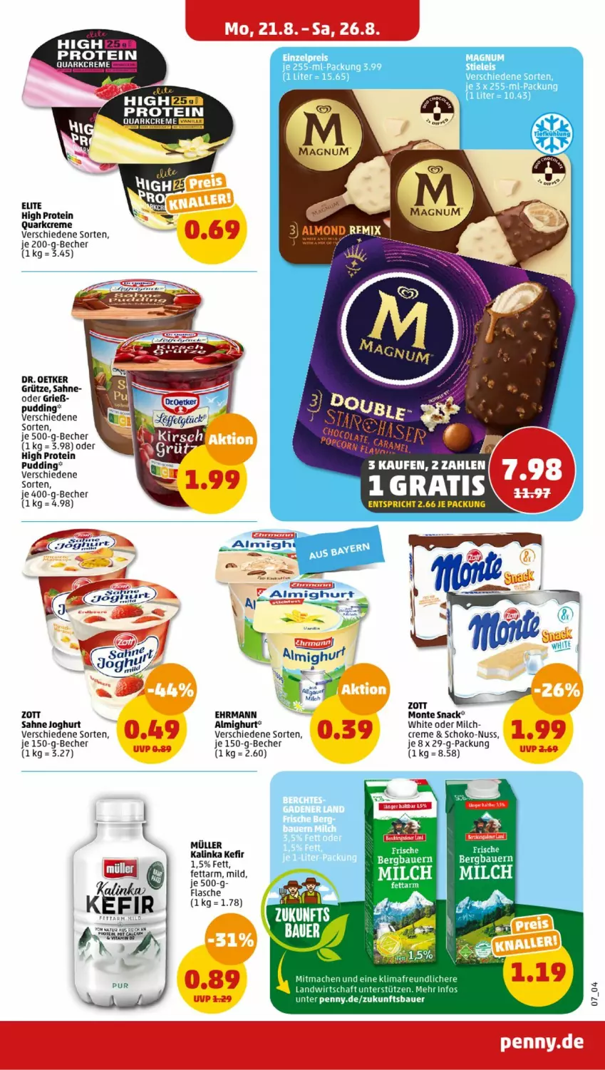 Aktueller Prospekt Penny - Prospekte - von 21.08 bis 26.08.2023 - strona 7 - produkty: almighur, almighurt, auer, Bau, Bauer, Becher, creme, Dr. Oetker, ehrmann, grütze, joghur, joghurt, Kefir, mac, milch, monte, Müller, pudding, quark, sahne, sahne joghurt, snack, Ti, zott