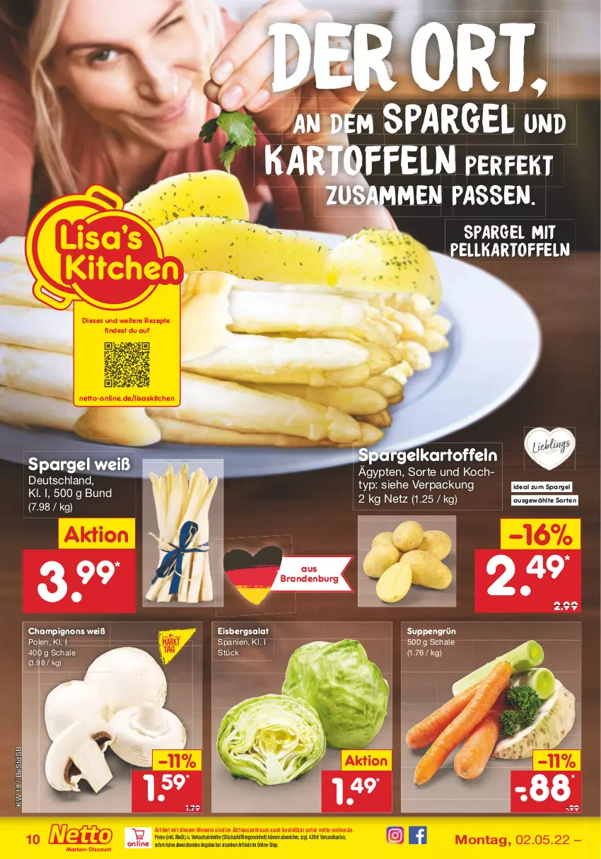 Aktueller Prospekt Netto Marken-Discount - Filial-Angebote - von 02.05 bis 07.05.2022 - strona 10 - produkty: champignon, champignons, eis, eisbergsalat, kartoffel, kartoffeln, ndk, reis, rezept, rezepte, salat, Schal, Schale, spargel, suppe, suppen, Ti