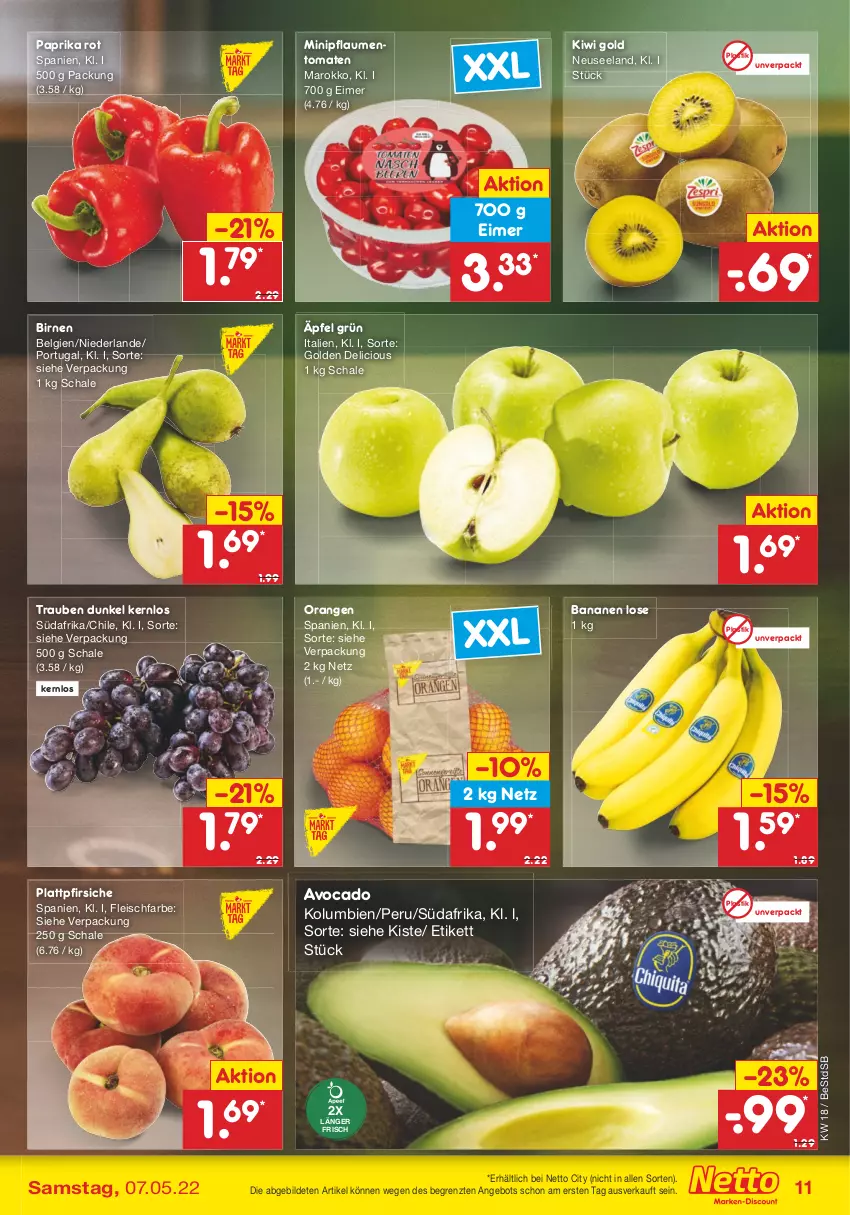 Aktueller Prospekt Netto Marken-Discount - Filial-Angebote - von 02.05 bis 07.05.2022 - strona 11 - produkty: angebot, asti, avocado, banane, bananen, Birnen, eimer, eis, Elan, fleisch, kiwi, Kiwi Gold, LG, orange, orangen, paprika, paprika rot, pfirsich, pfirsiche, pflaume, pflaumen, plattpfirsiche, Schal, Schale, Ti, tomate, tomaten, trauben, ZTE