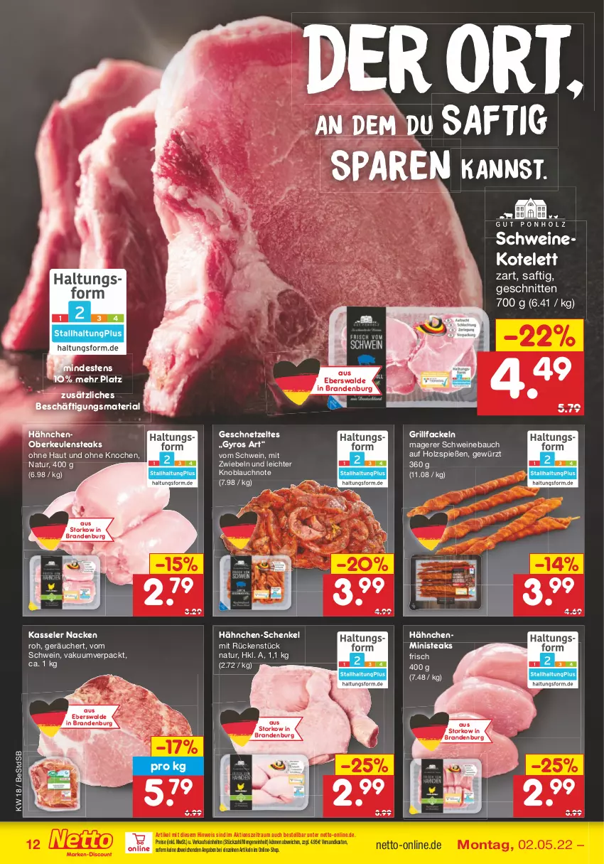 Aktueller Prospekt Netto Marken-Discount - Filial-Angebote - von 02.05 bis 07.05.2022 - strona 12 - produkty: Bau, eis, geschnetzeltes, gewürz, grill, grillfackeln, gyros, hähnchen-schenkel, henkel, Holz, kasseler, knoblauch, kotelett, mit zwiebeln, natur, ndk, reis, Ria, saft, schenkel, schnitten, schwein, schweine, Schweinebauch, schweinekotelett, steak, steaks, Ti, wein, weine, Zelt, zwiebel, zwiebeln