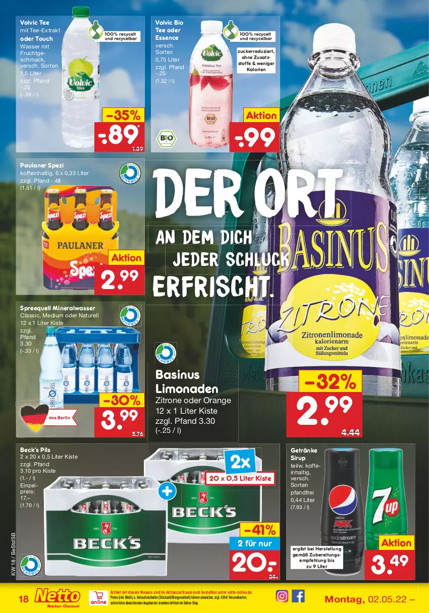 Aktueller Prospekt Netto Marken-Discount - Filial-Angebote - von 02.05 bis 07.05.2022 - strona 18 - produkty: Alwa, bio, eis, frucht, getränk, getränke, limo, limonade, limonaden, mac, mineralwasser, mit frucht, natur, ndk, orange, Paula, paulaner, pils, reis, rel, sirup, Spezi, Spreequell, tee, Ti, volvic, wasser, zitrone, zucker