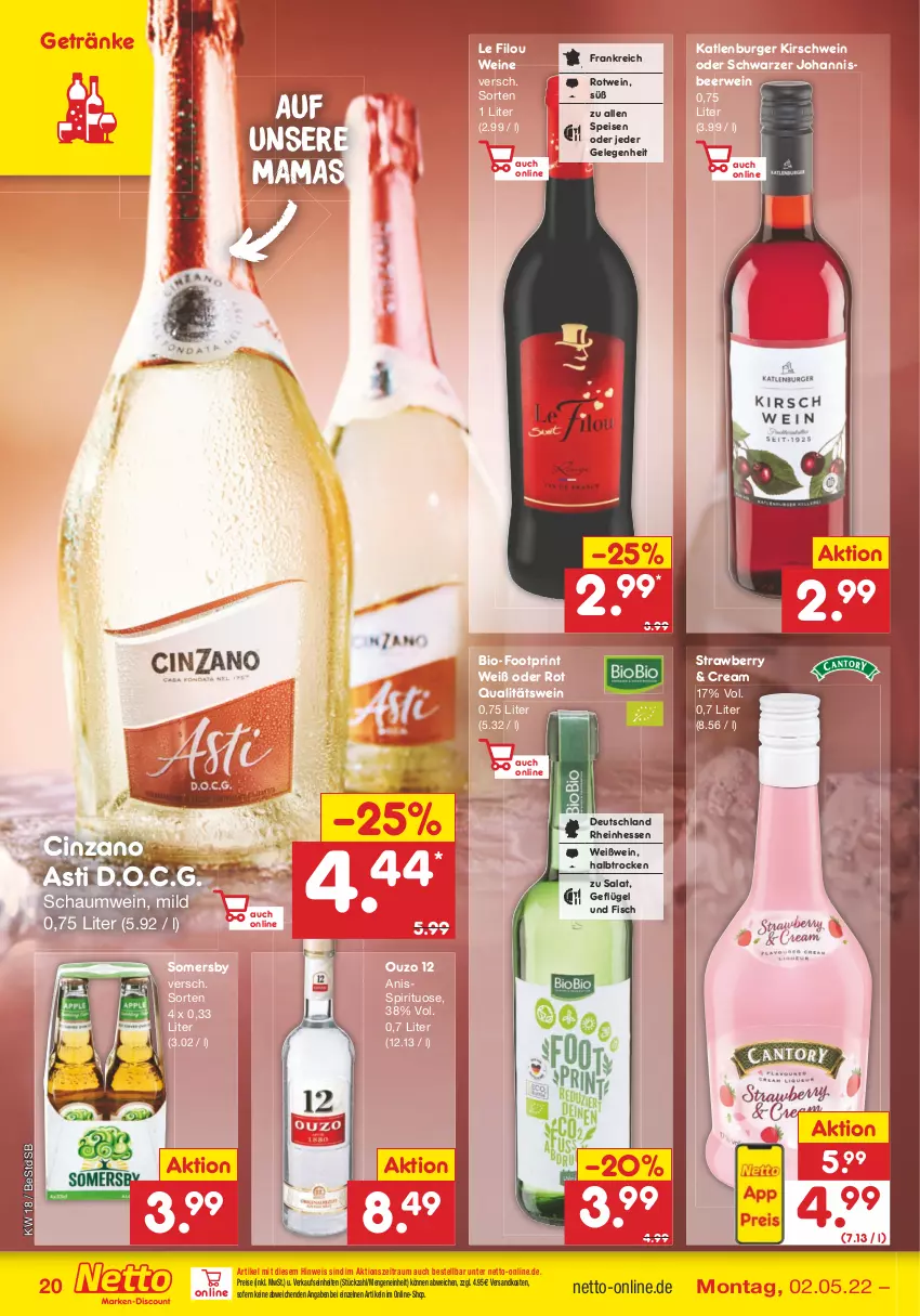 Aktueller Prospekt Netto Marken-Discount - Filial-Angebote - von 02.05 bis 07.05.2022 - strona 20 - produkty: asti, bio, burger, cin, cinzano, Cinzano Asti, eis, fisch, Geflügel, getränk, getränke, katlenburger, kirsch, mam, ndk, ouzo, ouzo 12, qualitätswein, reis, rotwein, rwe, salat, schwein, somersby, Ti, wein, weine, Weißwein