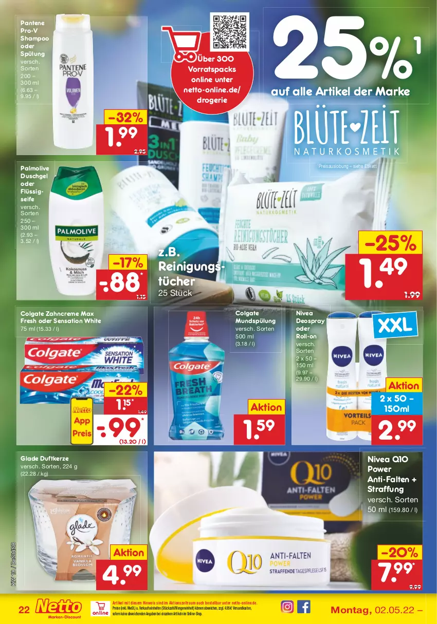 Aktueller Prospekt Netto Marken-Discount - Filial-Angebote - von 02.05 bis 07.05.2022 - strona 22 - produkty: colgate, creme, deo, deospray, Duftkerze, duschgel, eis, flüssigseife, Glade, kerze, LG, Max Fresh, mundspülung, ndk, nivea, olive, palmolive, pantene, pantene pro-v, pro-v, Q10, Reinigung, reinigungstücher, reis, roll-on, Seife, shampoo, shampoo oder spülung, spülung, Ti, tücher, zahncreme