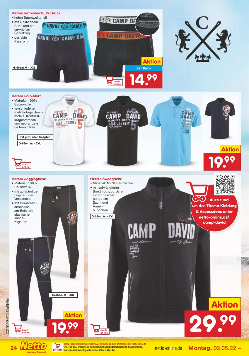 Aktueller Prospekt Netto Marken-Discount - Filial-Angebote - von 02.05 bis 07.05.2022 - strona 24 - produkty: ACC, accessoires, asti, Bau, baumwolle, eis, gin, hose, Jacke, Jogginghose, kleid, Kleidung, ndk, Polo-Shirt, reifen, reis, retroshorts, Ria, Schriftzug, shirt, shorts, sweatjacke, Tasche, taschen, Ti, tisch, wolle