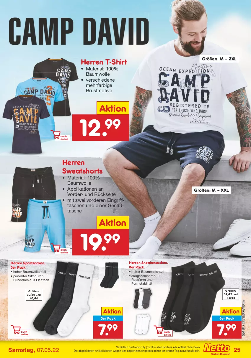 Aktueller Prospekt Netto Marken-Discount - Filial-Angebote - von 02.05 bis 07.05.2022 - strona 25 - produkty: angebot, Bau, baumwolle, Ria, shirt, shorts, sneaker, sneakersocken, socken, Sport, sportsocken, sweatshorts, T-Shirt, Tasche, taschen, Ti, wolle, ZTE