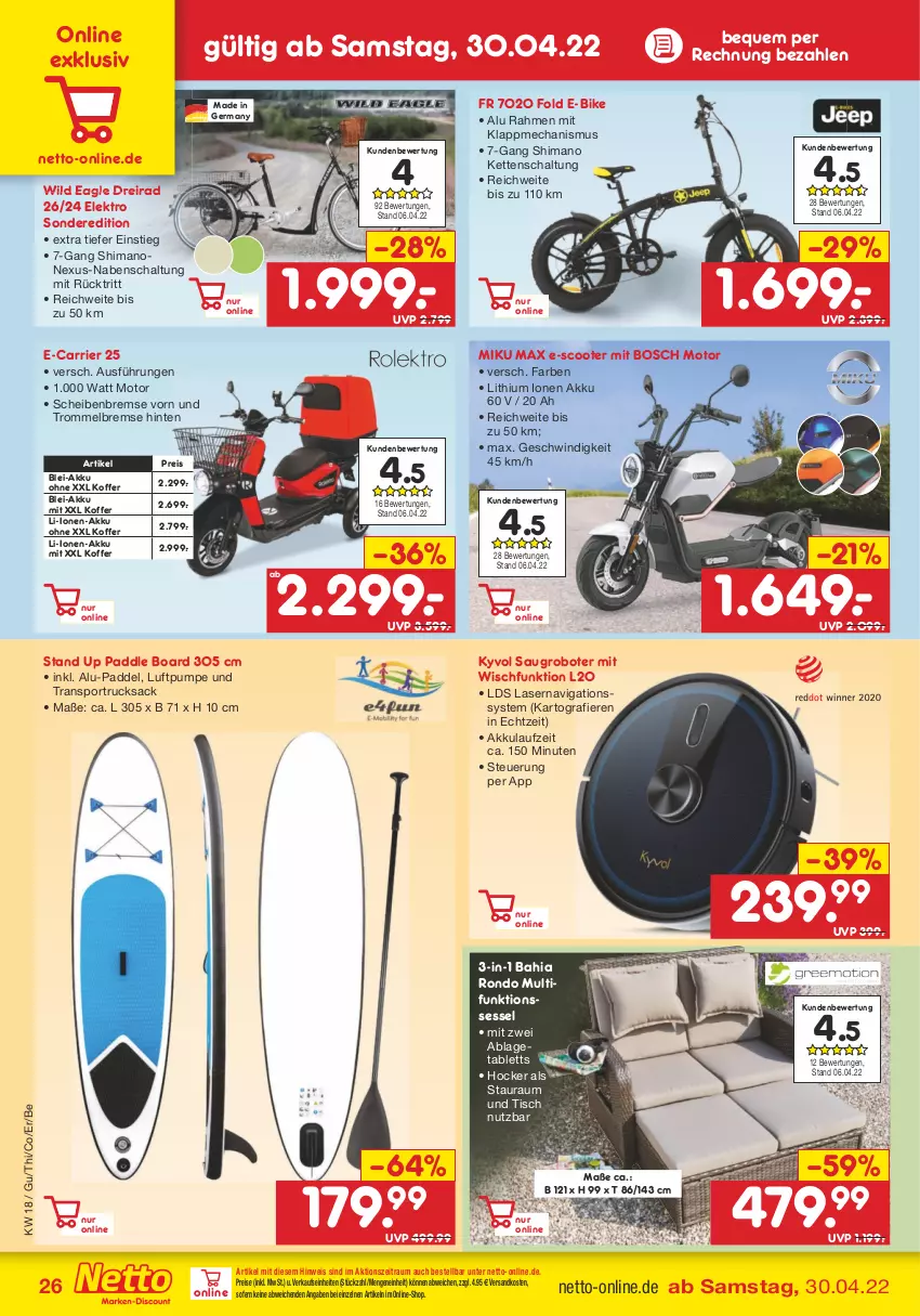 Aktueller Prospekt Netto Marken-Discount - Filial-Angebote - von 02.05 bis 07.05.2022 - strona 26 - produkty: akku, bosch, Dreirad, E-Bike, eis, Elektro, Germ, hocker, Kette, koffer, ndk, nexus, reis, rucksack, sac, Saugroboter, Schal, scooter, sessel, shimano, Sport, tablet, tablett, Ti, tisch, trommel, Wild