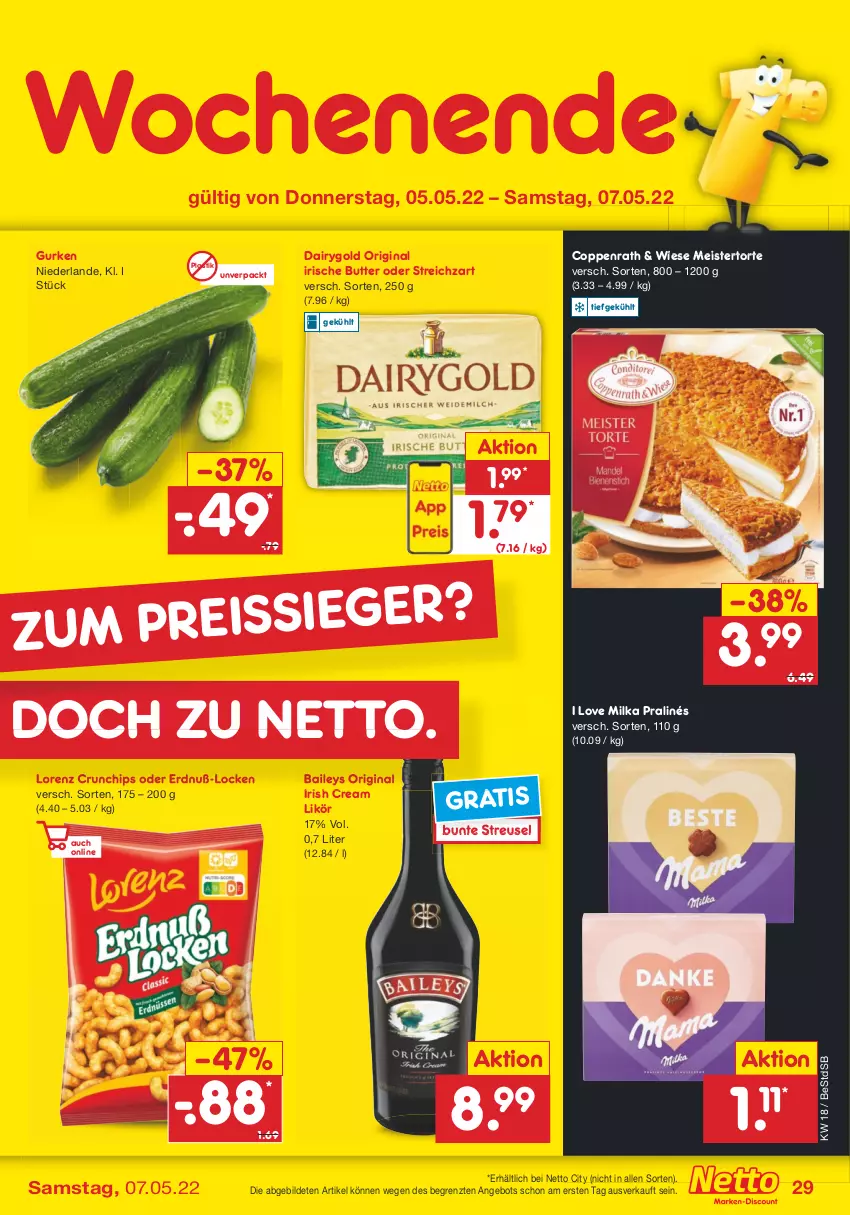 Aktueller Prospekt Netto Marken-Discount - Filial-Angebote - von 02.05 bis 07.05.2022 - strona 29 - produkty: angebot, asti, baileys, butter, chips, coppenrath, crunchips, Dairygold, eis, gin, gurke, gurken, irische butter, irish cream, likör, lorenz, lorenz crunchips, Meister, milka, Streichzart, Ti, torte, ZTE