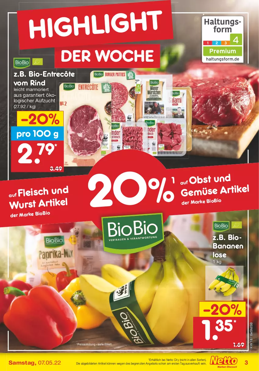 Aktueller Prospekt Netto Marken-Discount - Filial-Angebote - von 02.05 bis 07.05.2022 - strona 3 - produkty: angebot, banane, bananen, bio, biobio, eis, entrecôte, fleisch, obst, Obst und Gemüse, reis, rind, Ti, und gemüse, wurst, ZTE