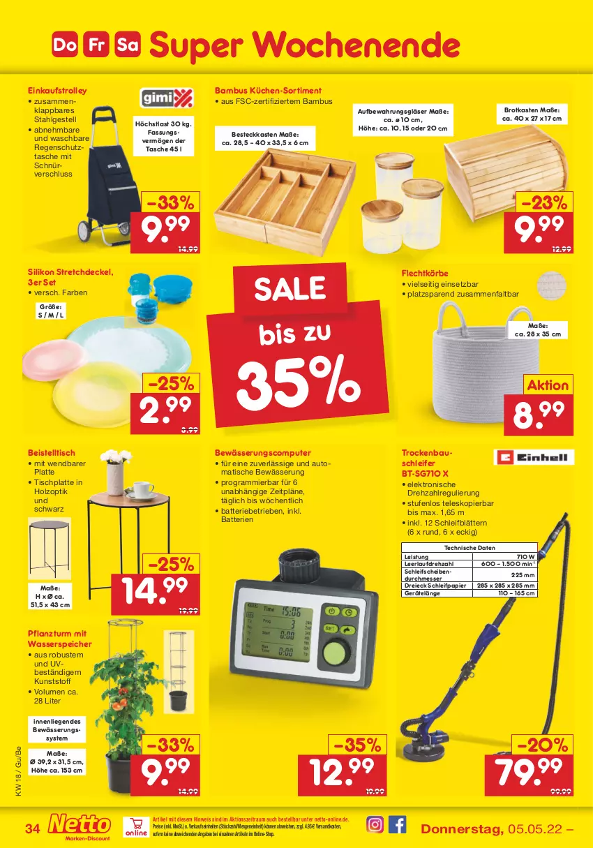 Aktueller Prospekt Netto Marken-Discount - Filial-Angebote - von 02.05 bis 07.05.2022 - strona 34 - produkty: auto, bambus, batterie, batterien, Bau, beistelltisch, besteck, brot, Brotkasten, computer, decke, Deckel, eis, Elektro, Gläser, Holz, HP, küche, Küchen, latte, LG, Liege, messer, ndk, papier, pute, Regenschutz, reis, Schleifpapier, Tasche, Teleskop, Ti, tisch, tischplatte, trolley, wasser