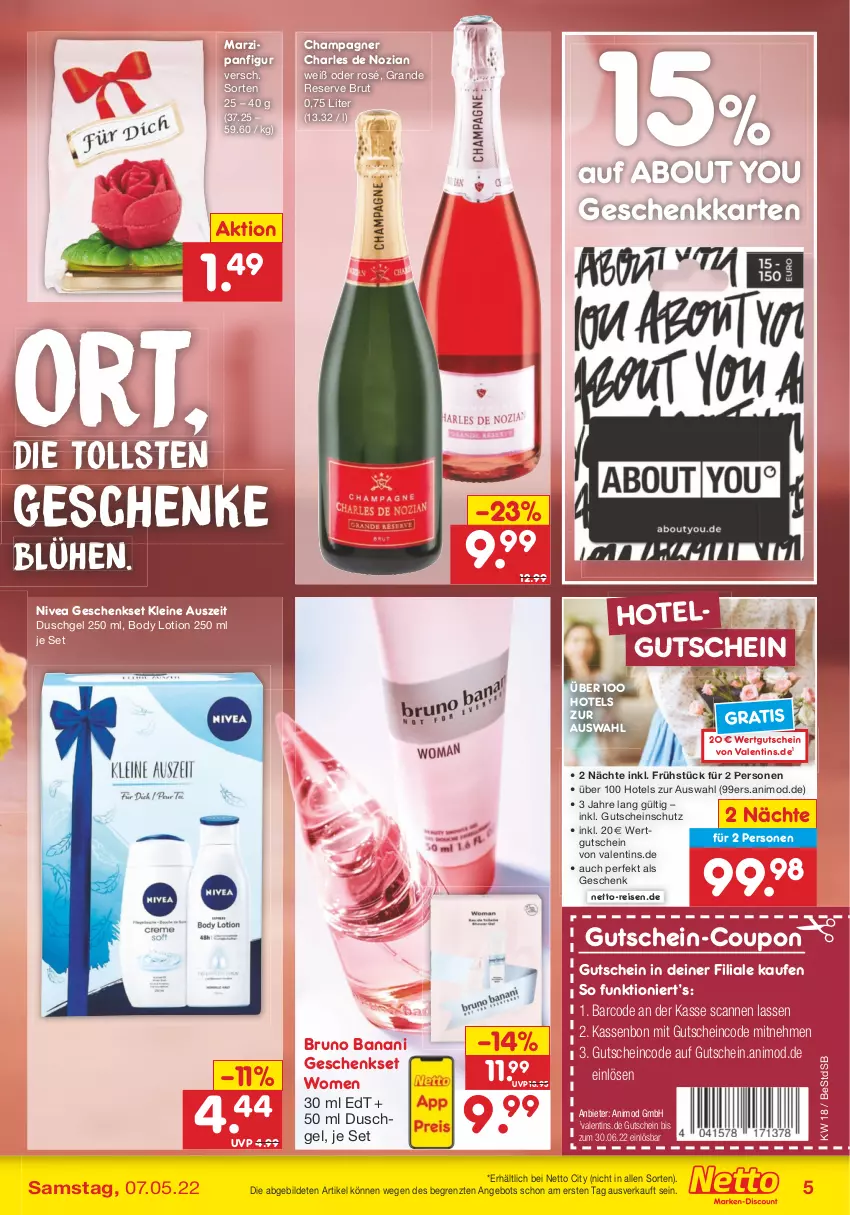 Aktueller Prospekt Netto Marken-Discount - Filial-Angebote - von 02.05 bis 07.05.2022 - strona 5 - produkty: angebot, body, body lotion, bruno banani, brut, champagne, champagner, coupon, duschgel, eis, geschenkset, gutschein, leine, LG, Lotion, marzipan, nivea, reis, Ti, Yo, ZTE