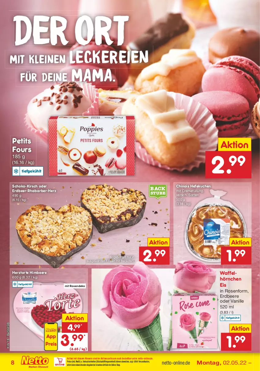 Aktueller Prospekt Netto Marken-Discount - Filial-Angebote - von 02.05 bis 07.05.2022 - strona 8 - produkty: angebot, backofen, beere, creme, eis, erdbeere, Hefe, himbeer, himbeere, hörnchen, kirsch, kuchen, leine, mam, ndk, Ofen, reis, rhabarber, rosen, schoko, senf, stube, Ti, torte, vanille, Waffelhörnchen