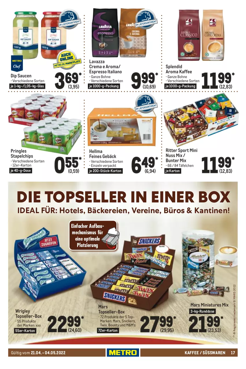 Aktueller Prospekt Metro - GastroJournal - von 21.04 bis 04.05.2022 - strona 17 - produkty: Bau, bohne, bounty, chips, dip, elle, espresso, kaffee, lavazza, mars, nuss, pringles, ring, ritter, ritter sport, sauce, saucen, snickers, Splendid, Sport, süsswaren, Ti, twix