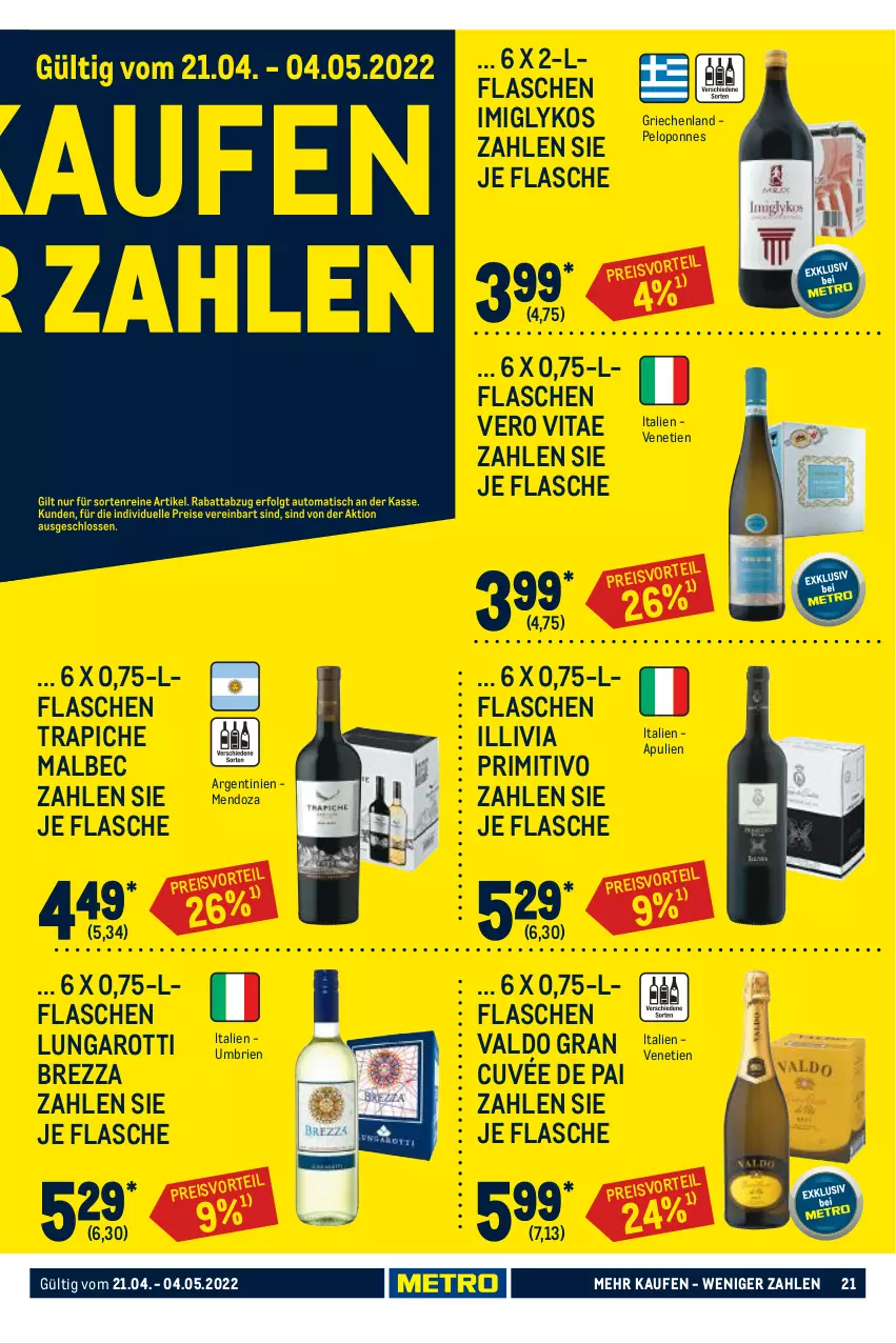 Aktueller Prospekt Metro - GastroJournal - von 21.04 bis 04.05.2022 - strona 21 - produkty: brie, cuvée, eis, flasche, primitivo, reis, Ti, valdo, vita