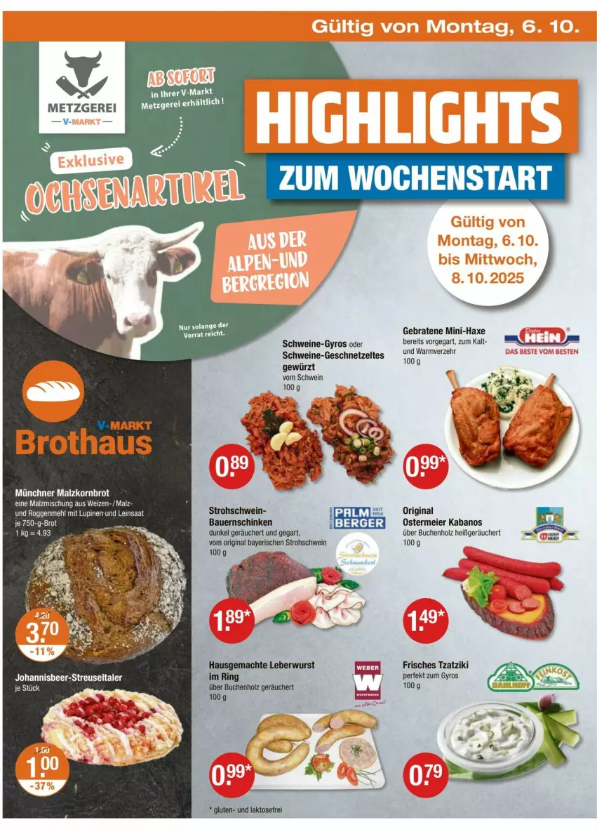 Aktueller Prospekt Vmarkt - Prospekte - von 02.10 bis 08.10.2025 - strona 22 - produkty: auer, axe, Bau, Bauer, Bauernschinken, braten, brot, buch, eier, ente, geschnetzeltes, gewürz, gin, gyros, Haxe, Holz, kabanos, korn, Kornbrot, malz, schinken, schwein, schweine, Schweine-Gyros, tzatziki, wein, weine, Zelt