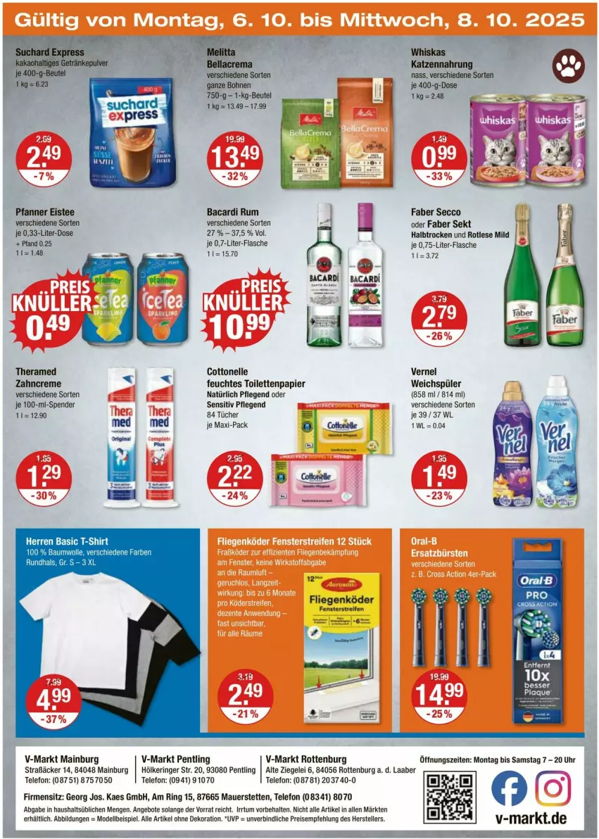 Aktueller Prospekt Vmarkt - Prospekte - von 02.10 bis 08.10.2025 - strona 24 - produkty: alle artikel ohne dekoration, angebot, angebote, auer, bacardi, bacardi rum, Bau, baumwolle, bellacrema, beutel, bohne, bohnen, cottonelle, creme, dekoration, dell, ecco, eis, eistee, elle, fenster, feuchtes toilettenpapier, flasche, kaes, katzennahrung, Liege, melitta, Mode, papier, pfanne, Pfanner, reifen, reis, ring, rum, sekt, shirt, T-Shirt, tee, telefon, teller, theramed, Ti, toilettenpapier, tücher, uhr, vernel, weichspüler, whiskas, wolle, zahncreme