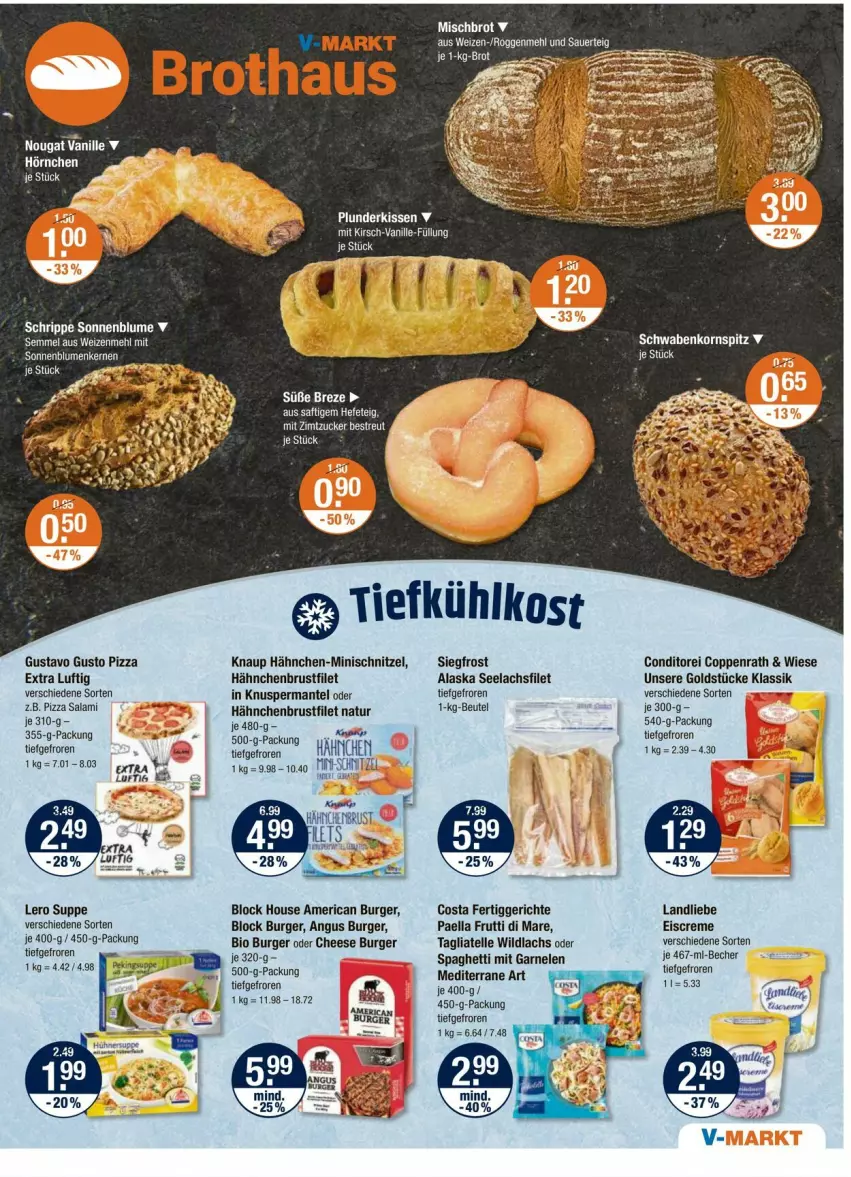 Aktueller Prospekt Vmarkt - Prospekte - von 02.10 bis 08.10.2025 - strona 5 - produkty: auer, Becher, beutel, bio, blume, brot, brustfilet, burger, coppenrath, creme, eis, eiscreme, elle, fertiggericht, fertiggerichte, filet, frutti di mare, garnelen, Goldstücke, hähnchenbrust, hähnchenbrustfilet, Hefe, kissen, korn, Kornspitz, lachs, lachsfilet, landliebe, Mantel, mehl, natur, paella, pizza, Plunder, saft, salami, schnitzel, seelachsfilet, Semmel, sonnenblume, spaghetti, suppe, tagliatelle, Ti, tiefkühlkost, vanille, weizenmehl, Wild, wildlachs
