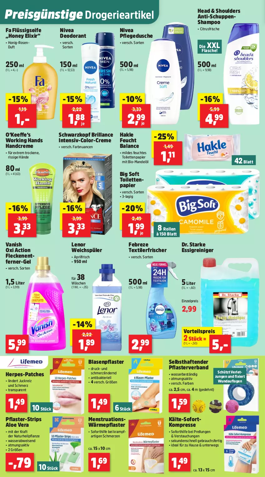 Aktueller Prospekt Thomas Philipps - von 10.06 bis 14.06.2025 - strona 14 - produkty: aloe vera, bio, Blasenpflaster, brillance, citrus, creme, deo, deodorant, dusche, eis, essig, febreze, feuchtes toilettenpapier, flasche, Fleckenentferner, flüssigseife, hakle, handcreme, honig, kraft, lenor, lenor weichspüler, mandel, Mandelöl, natur, nivea, Nuance, oxi action, papier, pflanze, pflaster, pflegedusche, pril, Rauch, reiniger, reis, rel, rosen, rwe, schwarzkop, schwarzkopf, Seife, shampoo, tender, Textilerfrischer, Ti, toilettenpapier, vanish, vanish oxi action, vorteilspreis, wasser, weichspüler