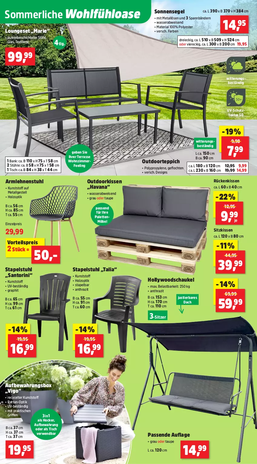 Aktueller Prospekt Thomas Philipps - von 10.06 bis 14.06.2025 - strona 4 - produkty: armlehnen, aufbewahrungsbox, Bank, eis, hocker, hollywoodschaukel, Holz, kissen, LG, loungeset, merl, möbel, Palette, reis, Ria, Rückenkissen, rwe, Schaukel, sitzkissen, sonnensegel, stapelstuhl, Stier, Stühl, stuhl, teppich, Ti, tisch, uv-schutz, vorteilspreis, wasser