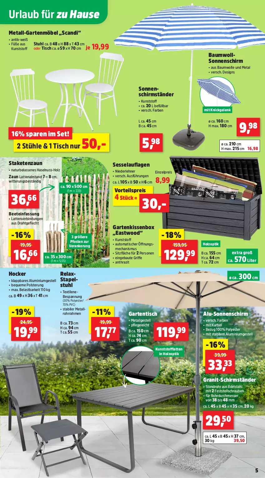 Aktueller Prospekt Thomas Philipps - von 10.06 bis 14.06.2025 - strona 5 - produkty: aluminiumgestell, auto, Bau, baumwolle, Draht, edelstahl, eis, Garten, gartenmöbel, gartentisch, haselnuss, hocker, Holz, kissen, latte, LG, messer, möbel, natur, nuss, reis, rel, schirmständer, schrauben, sessel, sonnenschirm, staketenzaun, stapelstuhl, Stühl, stuhl, Ti, tisch, vorteilspreis, wolle