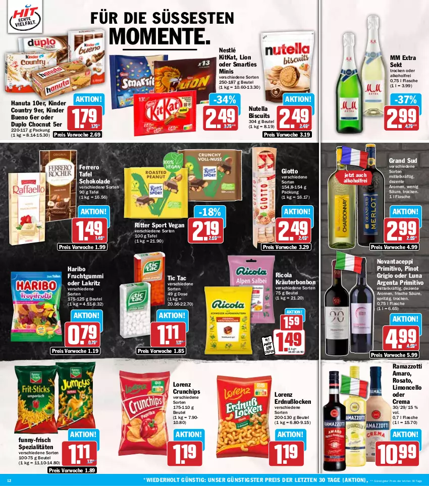 Aktueller Prospekt Hit - Wochenprospekt - von 27.01 bis 01.02.2025 - strona 12 - produkty: alkohol, amaro, beutel, chips, cola, coupon, crunchips, duplo, eis, ente, ferrero, flasche, frucht, fruchtgummi, funny-frisch, giotto, grand sud, hanuta, haribo, Kinder, kinder bueno, kinder country, kitkat, kräuter, Lakritz, limo, lion, lorenz, lorenz crunchips, mm extra, nestlé, nutella, oder lakritz, Pinot, pinot grigio, primitivo, rama, ramazzott, ramazzotti, reis, Ricola, ritter, ritter sport, rosato, schoko, schokolade, sekt, smarties, Spezi, Sport, Ti, zott, ZTE