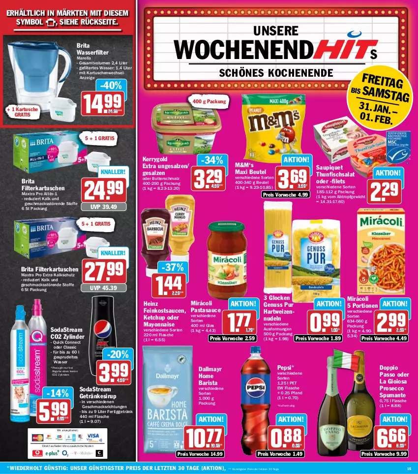 Aktueller Prospekt Hit - Wochenprospekt - von 27.01 bis 01.02.2025 - strona 15 - produkty: beutel, brita, butter, Butterschmalz, dallmayr, doppio passo, ecco, eis, Elan, feinkost, filet, filets, filterkartuschen, fisch, flasche, getränk, getränke, getränkesirup, hartweizen, heinz, kerrygold, kerrygold extra, ketchup, La Gioiosa, mac, malz, Maxtra, mayonnaise, Mirácoli, nudel, nudeln, nuss, passo, pasta, pepsi, prosecco, puma, reis, rel, salat, salz, sauce, saucen, saupiquet, Schmalz, sirup, Soda, sodastream, Sprudel, spumante, thunfisch, Thunfischsalat, Ti, Tiere, wasser, wasserfilter, wasserfilter marella, Yo, ZTE