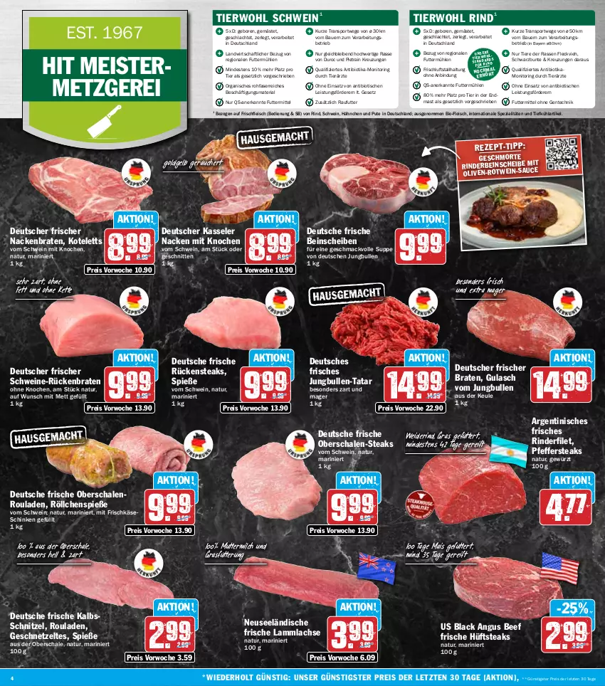 Aktueller Prospekt Hit - Wochenprospekt - von 27.01 bis 01.02.2025 - strona 4 - produkty: auer, Bau, Bauer, beef, bio, braten, eis, ente, filet, fleisch, frischkäse, Geflügel, geschnetzeltes, gewürz, gulasch, hüftsteak, hüftsteaks, jungbullen, kalbsschnitzel, Käse, kasseler, Kette, kotelett, lachs, lack, lamm, lammlachse, mac, mais, Meister, Mett, milch, monitor, natur, Oberschalenrouladen, olive, oliven, pfeffer, pute, reis, Ria, rind, rinder, rinderfilet, ring, rotwein, rouladen, Rückenbraten, Rückensteak, rückensteaks, Schal, Schale, schinken, schnitten, schnitzel, schwein, schweine, Spezi, Sport, steak, steaks, suppe, Ti, Tiere, tisch, wein, weine, Zelt, ZTE