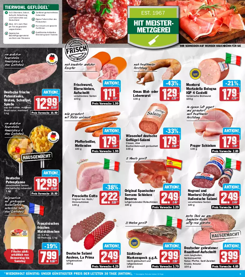 Aktueller Prospekt Hit - Wochenprospekt - von 27.01 bis 01.02.2025 - strona 5 - produkty: auer, aufschnitt, Bau, Bauer, beef, bier, bierschinken, bio, braten, Brühwurst, buch, dell, eis, elle, ente, Geflügel, gin, hinterschinken, Holz, jungbullen, kräuter, küche, Küchen, leberwurst, mais, Meister, Mett, metten, Mettenden, monitor, montorsi, mortadella, natur, pfanne, pfeffer, Pfefferbeißer, prosciutto, prosciutto cotto, pute, putensteaks, Rauch, reis, rezept, Ria, ring, roastbeef, rohschinken, saft, salami, schinken, schnitzel, senf, serrano, serrano schinken, Speck, spitzenqualität, steak, steaks, südtiroler, Ti, Tiere, wiesenhof, wurst, ZTE, zwiebel