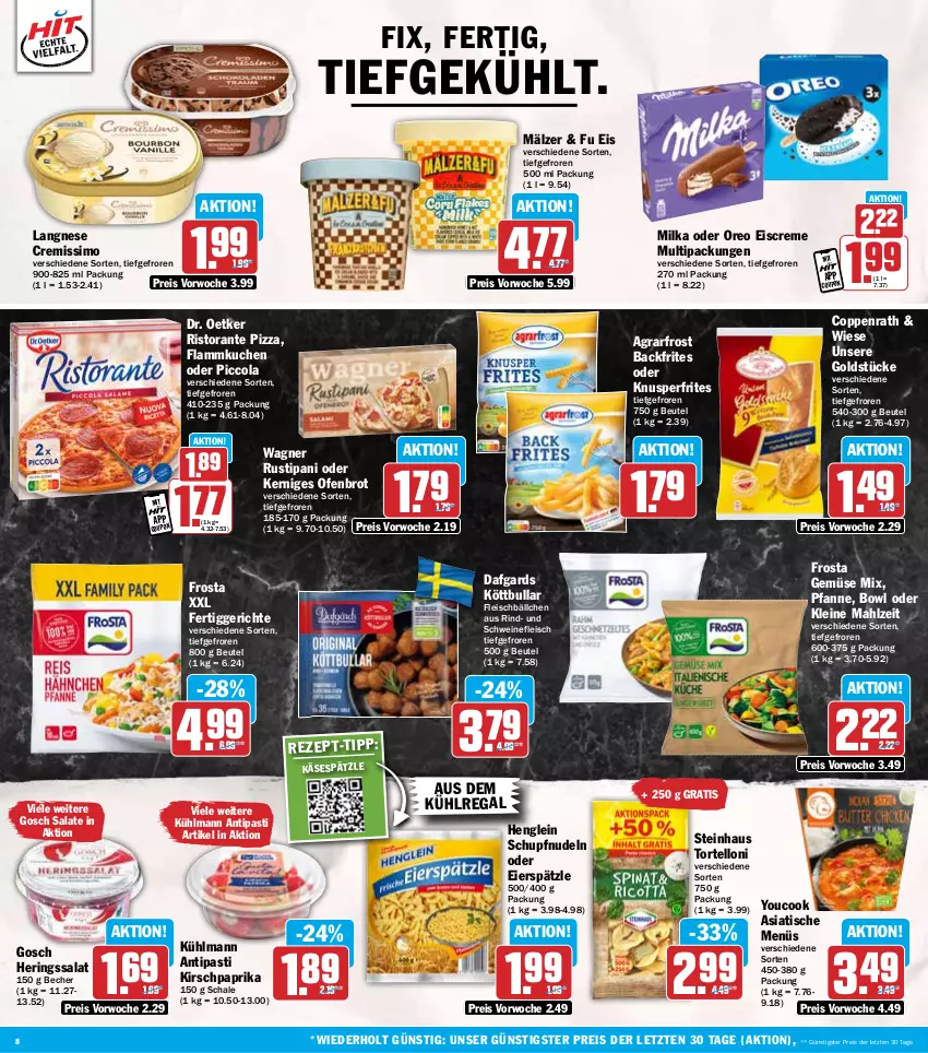 Aktueller Prospekt Hit - Wochenprospekt - von 27.01 bis 01.02.2025 - strona 8 - produkty: agrarfrost, antipasti, asti, aus dem kühlregal, Becher, beutel, brot, cola, coppenrath, coupon, creme, cremissimo, Dr. Oetker, eier, eierspätzle, eis, eiscreme, fertiggericht, fertiggerichte, flammkuchen, fleisch, Fleischbällchen, frosta, Gemüse Mix, Goldstücke, henglein, hering, Herings, HP, Käse, kirsch, Köttbullar, kuchen, kühlmann, kühlregal, lamm, langnese, langnese cremissimo, leine, milka, nudel, nudeln, Ofen, oreo, paprika, pfanne, pizza, regal, reis, rind, ring, ristorante, ristorante pizza, rustipani, salat, salate, Schal, Schale, schwein, schweine, schweinefleisch, sim, steinhaus, Ti, tisch, torte, tortelloni, wagner, wein, weine, Yo, YouCook, ZTE