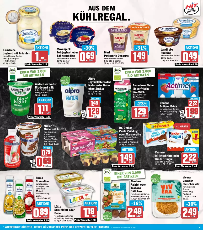 Aktueller Prospekt Hit - Wochenprospekt - von 27.01 bis 01.02.2025 - strona 9 - produkty: actimel, actimel drink, alpro, andechser natur, aus dem kühlregal, becel, Becher, bio, coupon, creme, danone, danone actimel drink, dessert, desserts, Dr. Oetker, drink, eis, Falafel, feinjoghurt, ferrero, flasche, fleisch, früchte, früchten, joghur, joghurt, jogurt, Kinder, kinder pingui, kühlregal, landliebe, landliebe joghurt, lätta, marmorette, merl, milch, Milchschnitte, mövenpick, Müller, müllermilch, natur, natura, Paula, paula pudding, pingui, pudding, rama, rama cremefine, regal, reis, sahne, Ti, ZTE, zucker