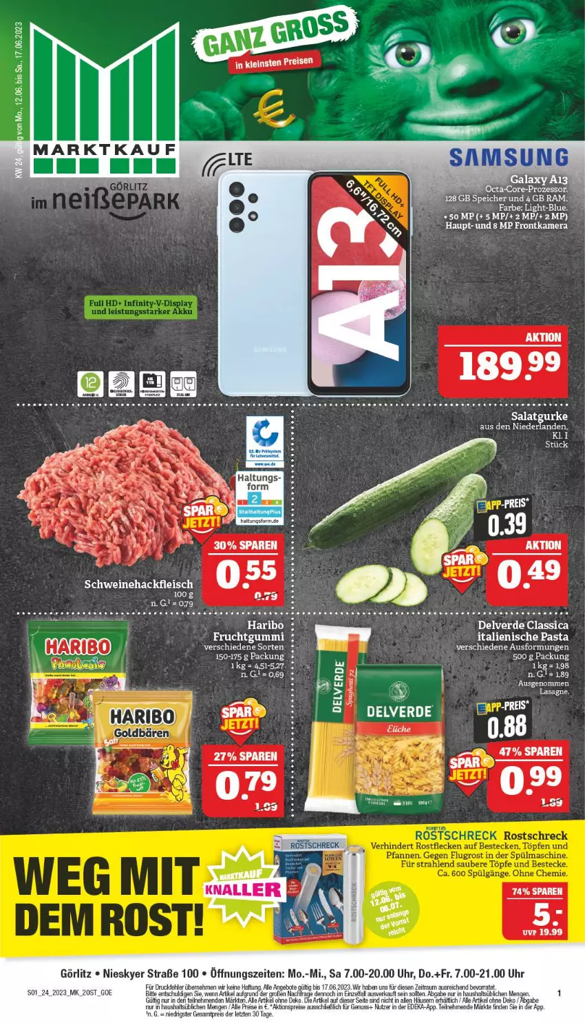 Aktueller Prospekt Marktkauf - Prospekt - von 11.06 bis 17.06.2023 - strona 1 - produkty: aktionspreis, angebot, angebote, bier, deka, eis, erde, fleisch, frontkamera, frucht, fruchtgummi, gurke, hackfleisch, haribo, italienische pasta, kamera, lasagne, nuss, pasta, reis, sac, salat, Salatgurke, Samsung, schwein, schweine, Schweinehackfleisch, Ti, uhr, wein, weine, ZTE