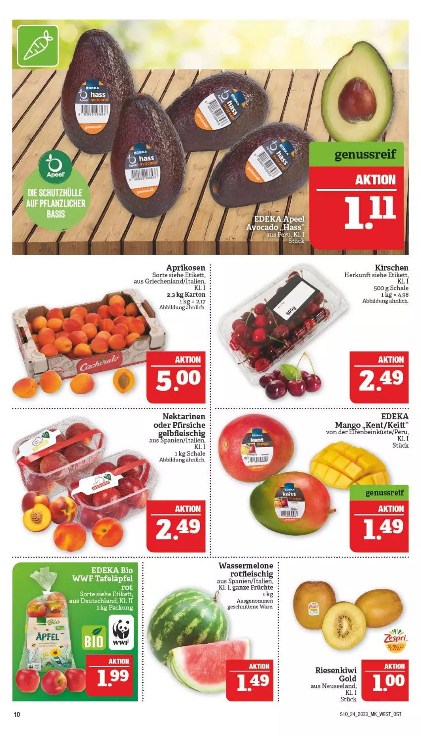 Aktueller Prospekt Marktkauf - Prospekt - von 11.06 bis 17.06.2023 - strona 10 - produkty: aprikose, aprikosen, bio, deka, edeka bio, eis, Elan, fleisch, früchte, kirsch, kirsche, kirschen, kiwi, mango, melone, Nektar, nektarinen, oder pfirsiche, pfirsich, pfirsiche, Schal, Schale, schnitten, tafeläpfel, Ti, wasser, wassermelone