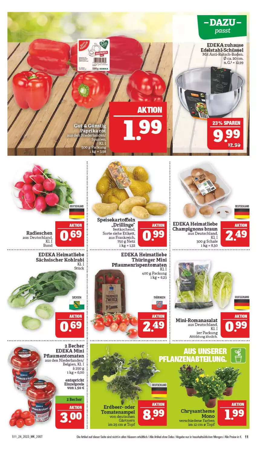 Aktueller Prospekt Marktkauf - Prospekt - von 11.06 bis 17.06.2023 - strona 11 - produkty: Becher, braun, champignon, champignons, champignons braun, deka, edelstahl, eis, kartoffel, kartoffeln, LG, pflaume, pflaumen, radieschen, reis, ring, rispentomaten, Romanasalat, salat, Schal, Schale, schüssel, speisekartoffeln, Ti, tomate, tomaten