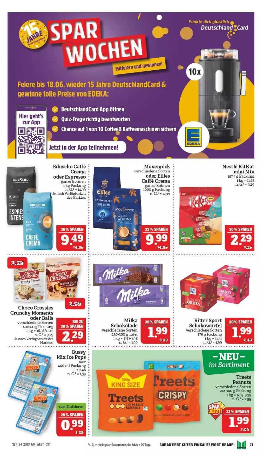 Aktueller Prospekt Marktkauf - Prospekt - von 11.06 bis 17.06.2023 - strona 21 - produkty: ball, bohne, bohnen, caffe, choco crossies, crossies, deutschlandcard, eduscho, eier, eis, espresso, kitkat, Meister, milka, mövenpick, natur, oder espresso, reis, ritter, ritter sport, schoko, schokolade, schokowürfel, Sport, Ti, uhr, würfel, ZTE