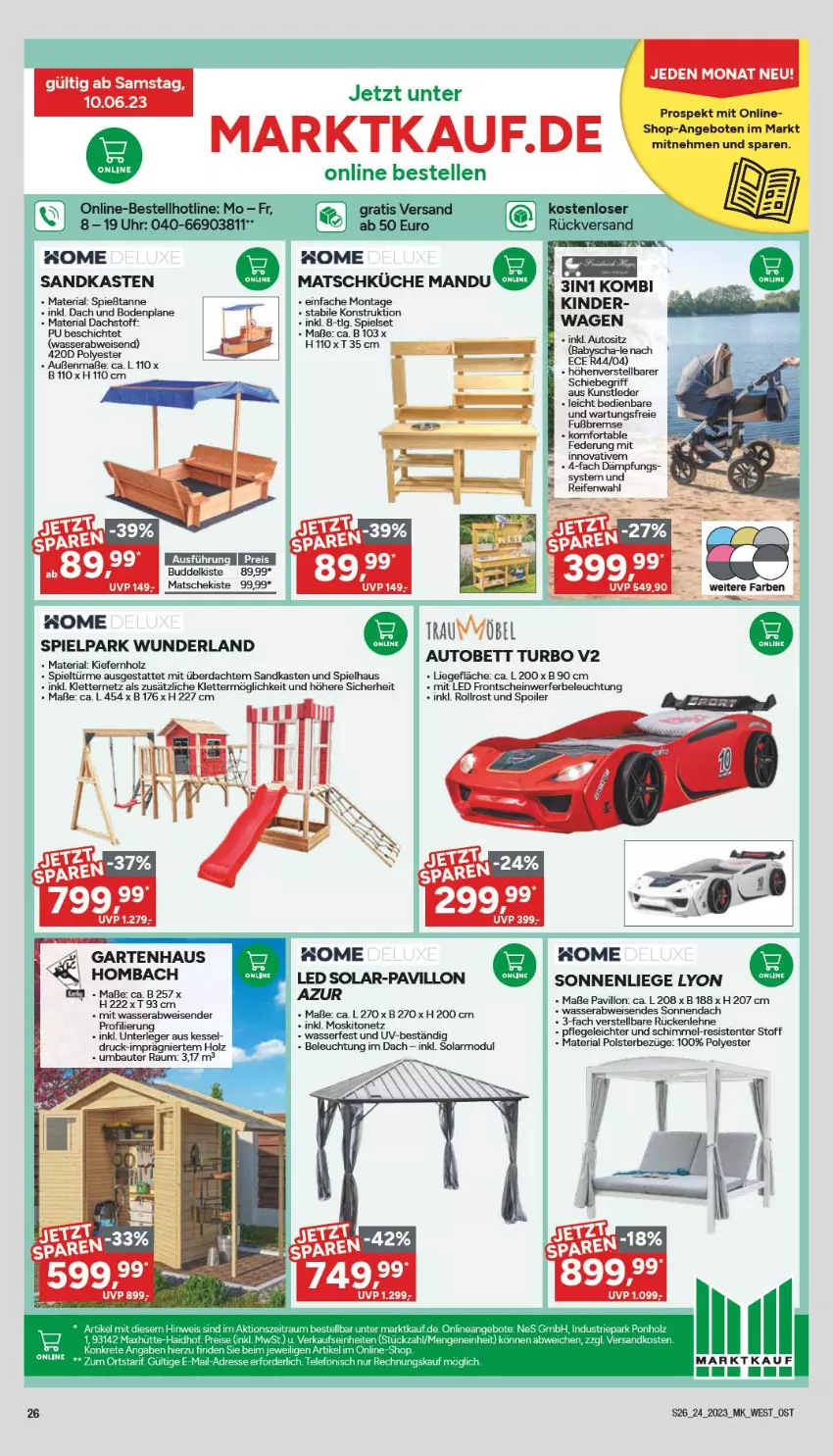 Aktueller Prospekt Marktkauf - Prospekt - von 11.06 bis 17.06.2023 - strona 26 - produkty: angebot, angebote, auto, Bau, beleuchtung, bett, eier, eis, elle, ente, Garten, Gartenhaus, Holz, Kinder, küche, Liege, moskitonetz, ndk, pavillon, Ria, rückenlehne, Sandkasten, sonnenliege, telefon, Ti, uhr, wasser, Yo