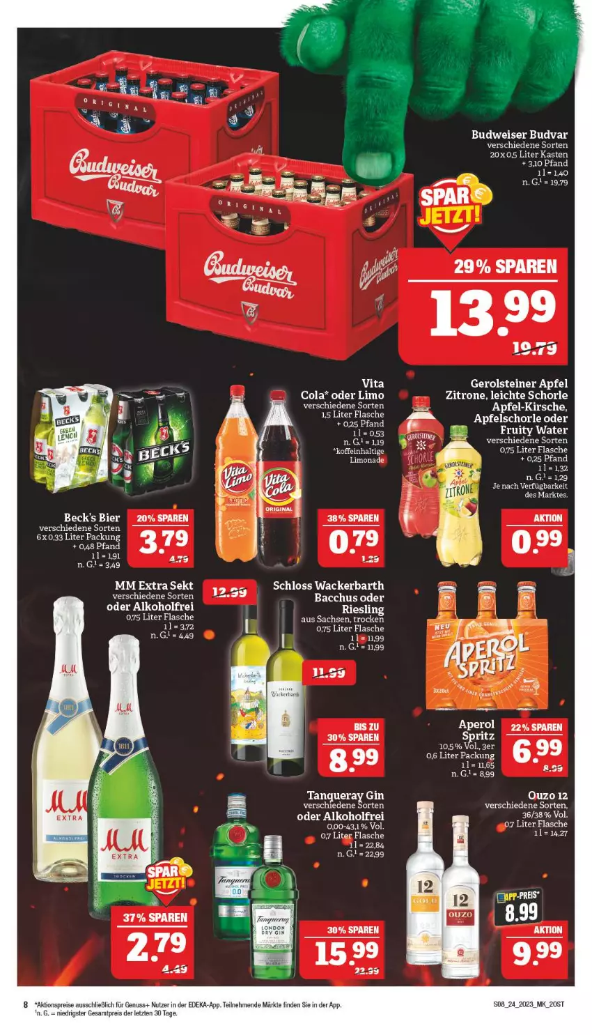 Aktueller Prospekt Marktkauf - Prospekt - von 11.06 bis 17.06.2023 - strona 8 - produkty: aktionspreis, alkohol, apfel, Apfelschorle, beck's, bier, budweiser, cola, deka, eis, flasche, gerolsteine, gerolsteiner, gin, kirsch, kirsche, limo, limonade, nuss, ouzo, ouzo 12, reis, sac, schorle, steiner, Tanqueray, Ti, zitrone, ZTE