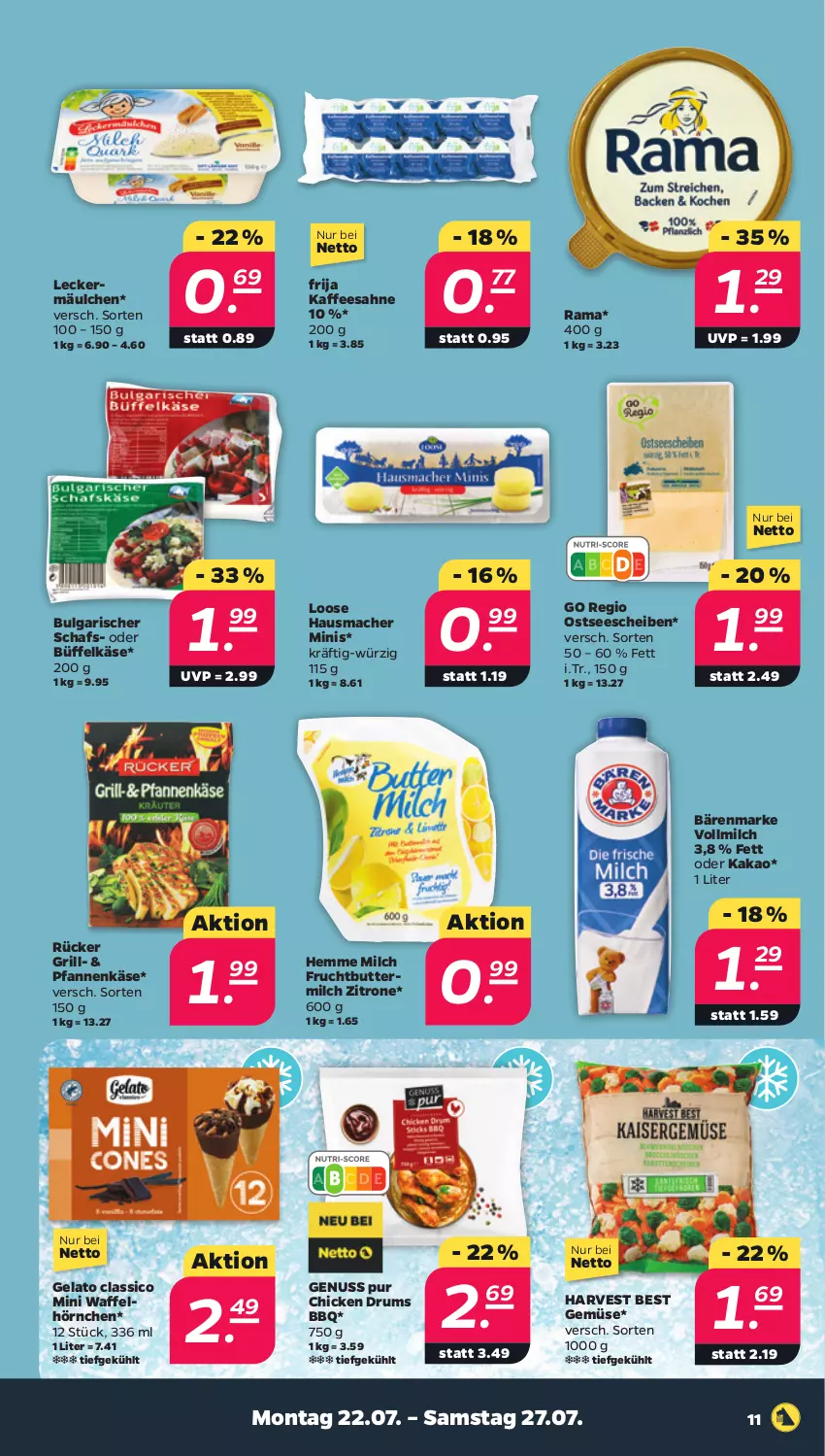 Aktueller Prospekt Netto - Woche 30 - von 22.07 bis 27.07.2024 - strona 11 - produkty: bärenmarke, butter, buttermilch, classico, frucht, grill, Hausmacher, hörnchen, kaffee, kakao, Käse, leckermäulchen, LG, Loose, mac, milch, nuss, pfanne, pfannen, pfannenkäse, rama, rum, sahne, Ti, vollmilch, Waffelhörnchen, zitrone