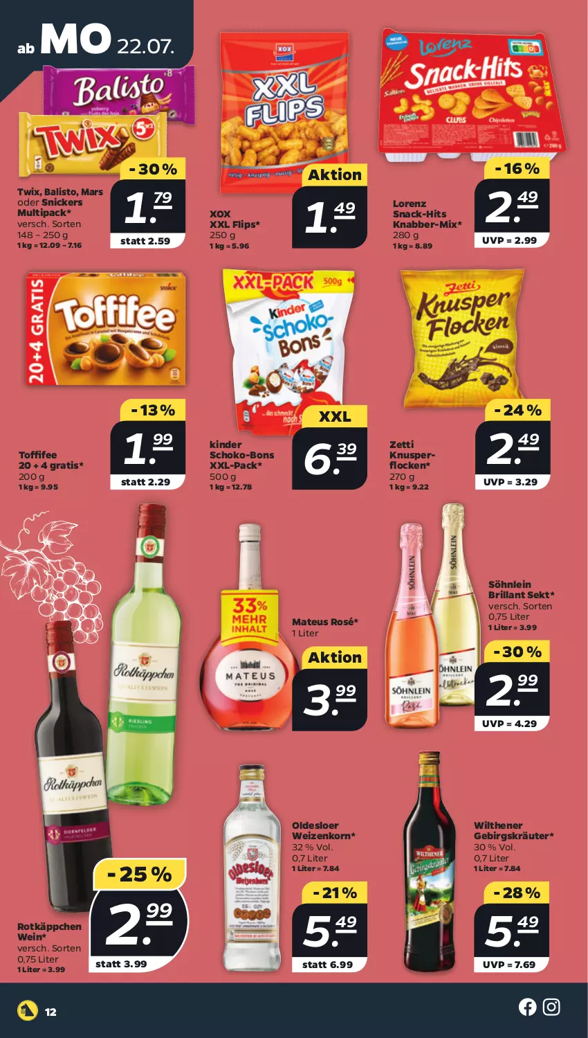 Aktueller Prospekt Netto - Woche 30 - von 22.07 bis 27.07.2024 - strona 12 - produkty: balisto, brillant sekt, Kinder, Knusperflocken, korn, kräuter, lorenz, mars, mateus, oldesloer, rotkäppchen, schoko, schoko-bons, sekt, snack, snickers, söhnlein, söhnlein brillant, Ti, toffifee, twix, wein, weizenkorn, wilthener