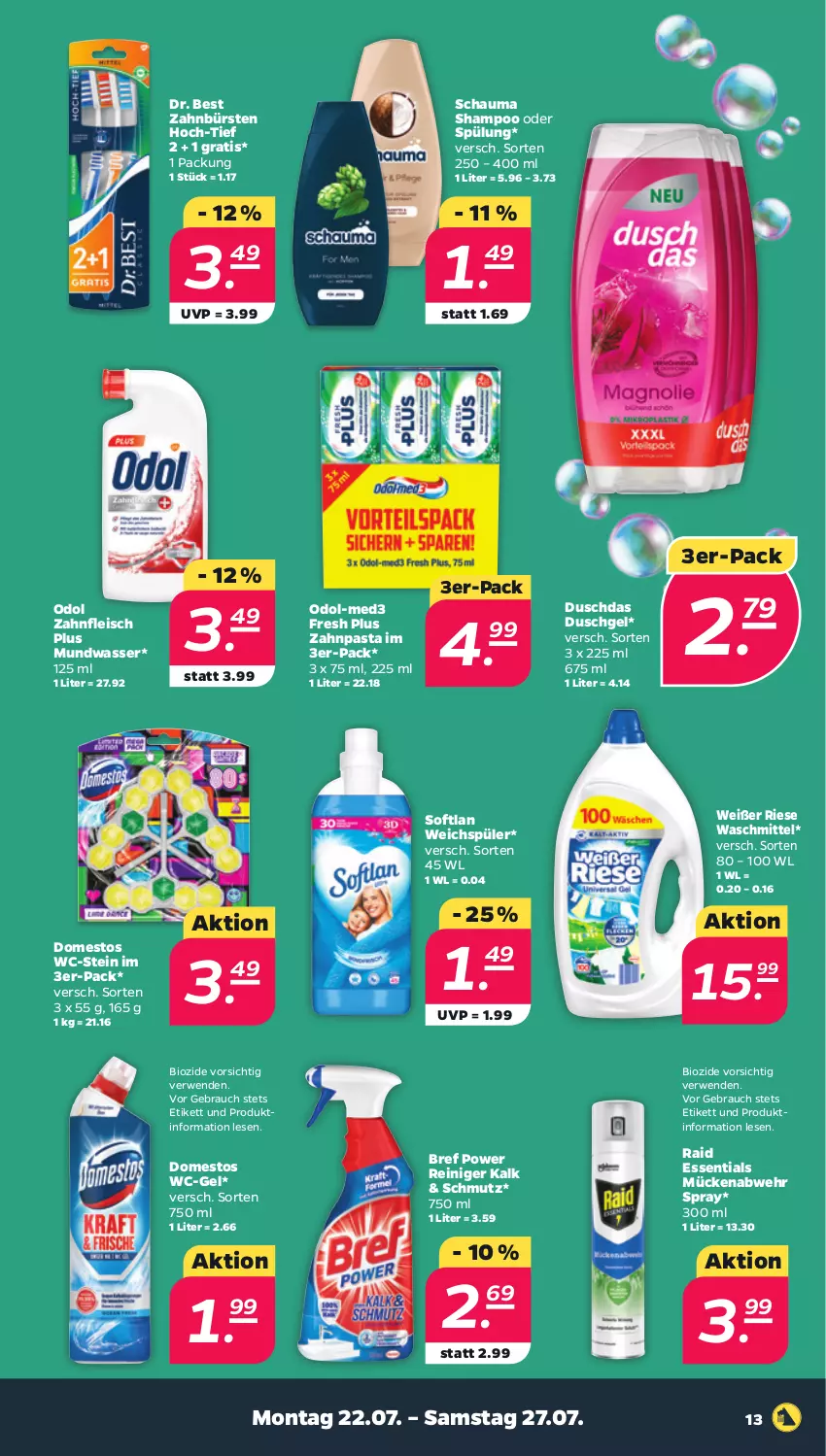 Aktueller Prospekt Netto - Woche 30 - von 22.07 bis 27.07.2024 - strona 13 - produkty: bio, Bref, bref power, bürste, bürsten, domestos, Dr. Best, duschdas, duschgel, eis, fleisch, mundwasser, Odol, pasta, Rauch, reiniger, rwe, schauma, schauma shampoo, shampoo, shampoo oder spülung, Softlan, spülung, Ti, waschmittel, wasser, wc-gel, weichspüler, zahnbürste, zahnbürsten, zahnpasta