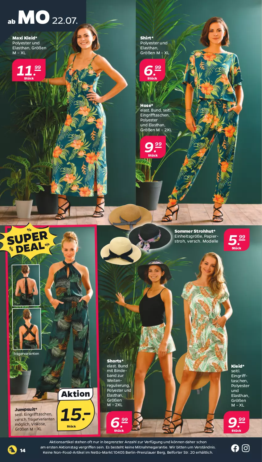 Aktueller Prospekt Netto - Woche 30 - von 22.07 bis 27.07.2024 - strona 14 - produkty: auer, dell, elle, hose, jumpsuit, kleid, Mode, papier, Ria, shirt, shorts, Strohhut, Tasche, taschen, Ti, ZTE