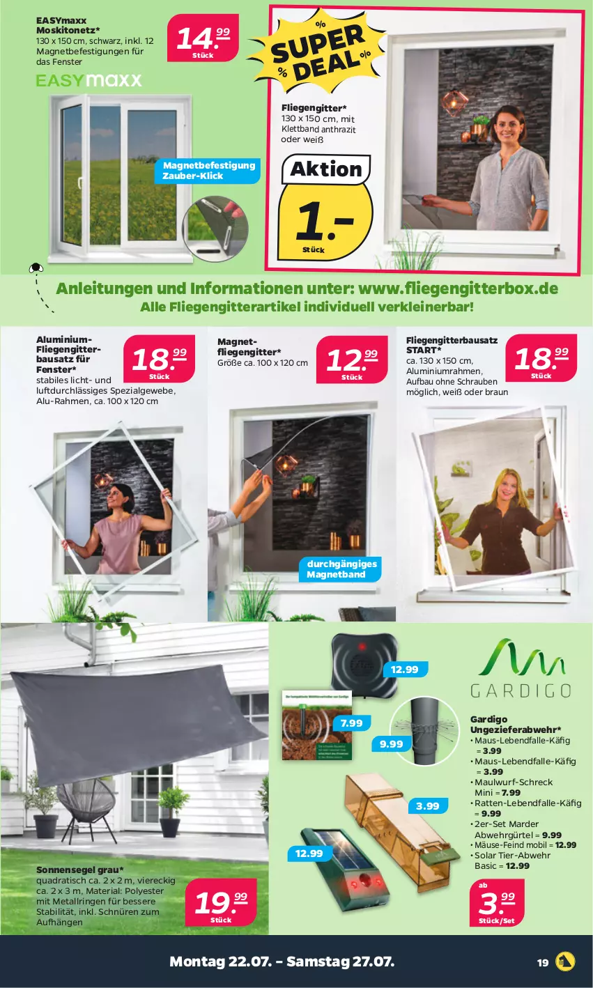 Aktueller Prospekt Netto - Woche 30 - von 22.07 bis 27.07.2024 - strona 19 - produkty: Bau, braun, easymaxx, fenster, fliegengitter, leine, LG, Liege, Maus, moskitonetz, quad, Ria, ring, schrauben, sonnensegel, Spezi, Ti, tisch