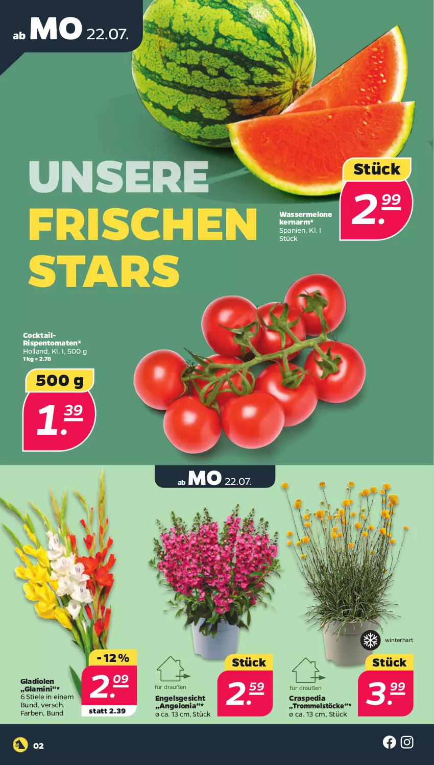 Aktueller Prospekt Netto - Woche 30 - von 22.07 bis 27.07.2024 - strona 2 - produkty: cocktail, Engel, Gladiolen, melone, rispentomaten, Ti, tomate, tomaten, trommel, wasser, wassermelone