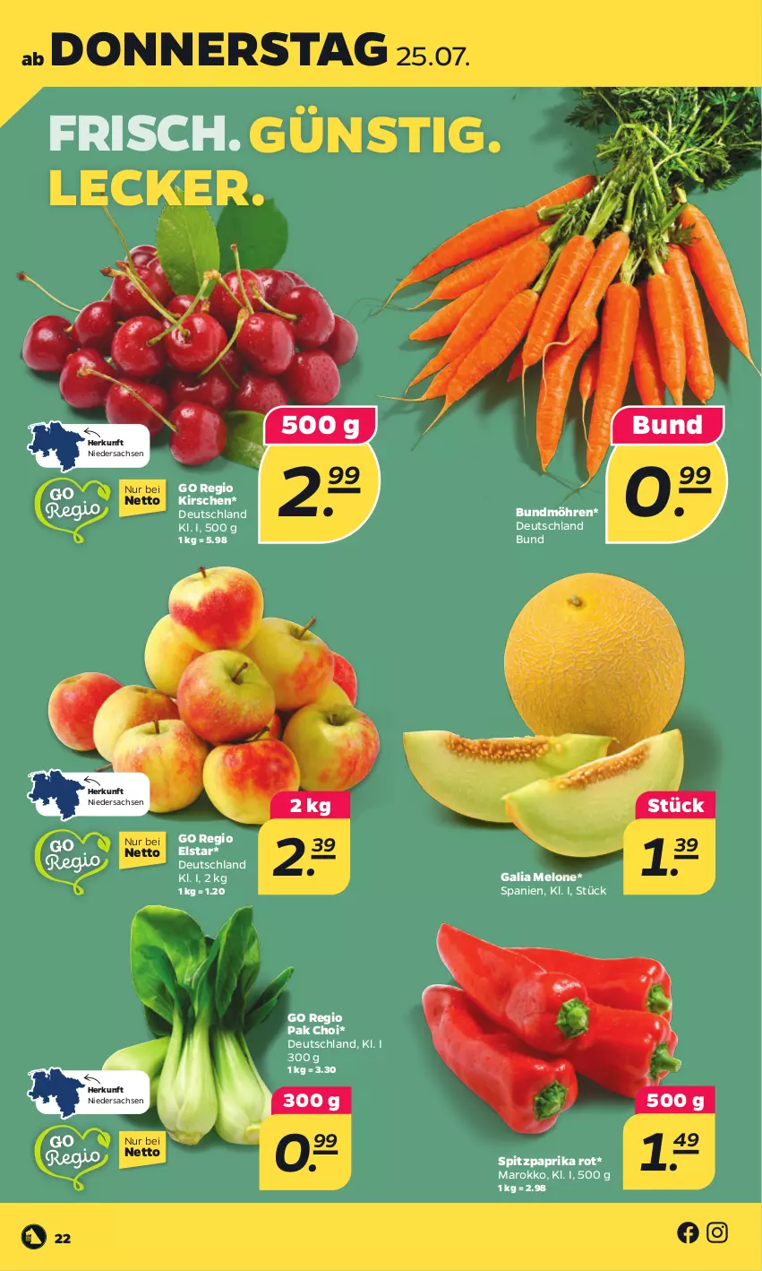 Aktueller Prospekt Netto - Woche 30 - von 22.07 bis 27.07.2024 - strona 22 - produkty: Bundmöhren, kirsch, kirsche, kirschen, melone, möhren, Pak Choi, paprika, paprika rot, sac, Spitzpaprika, Ti