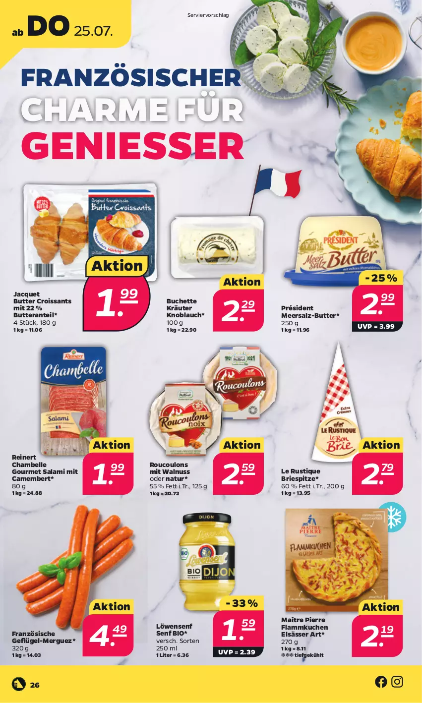 Aktueller Prospekt Netto - Woche 30 - von 22.07 bis 27.07.2024 - strona 26 - produkty: bio, brie, buch, butter, camembert, Croissant, croissants, elle, elsässer art, flammkuchen, Geflügel, knoblauch, kräuter, kuchen, lamm, Le Rustique, löwensenf, meersalz, natur, nuss, reinert, salami, salz, senf, Ti, walnuss