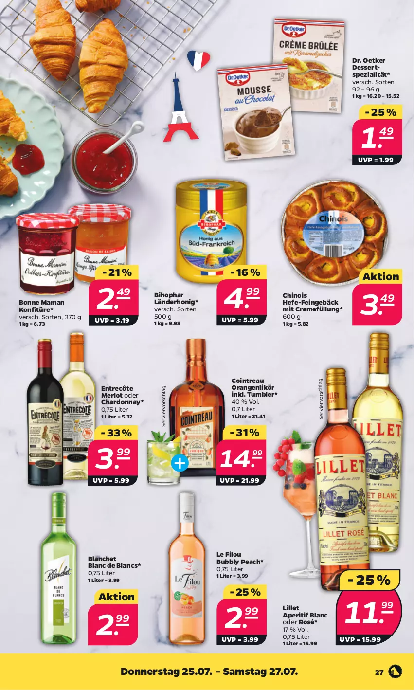 Aktueller Prospekt Netto - Woche 30 - von 22.07 bis 27.07.2024 - strona 27 - produkty: aperitif, bihophar, bonne maman, chardonnay, creme, de blancs, dessert, desserts, Dr. Oetker, entrecôte, Hefe, honig, konfitüre, likör, lillet, mam, merl, merlot, orange, orangen, Spezi, Ti