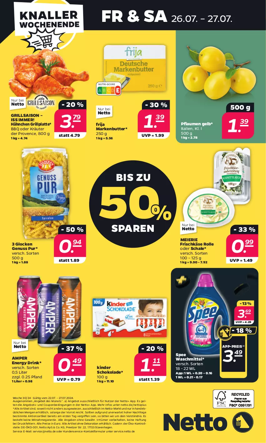 Aktueller Prospekt Netto - Woche 30 - von 22.07 bis 27.07.2024 - strona 28 - produkty: alle artikel ohne dekoration, angebot, butter, coupon, dekoration, drink, eier, eis, elle, energy drink, frischkäse, grill, grillplatte, Käse, Kinder, kinder schokolade, kräuter, latte, markenbutter, nuss, oder kräuter, pflaume, pflaumen, reis, Schal, Schale, schoko, schokolade, spee, Ti, waschmittel