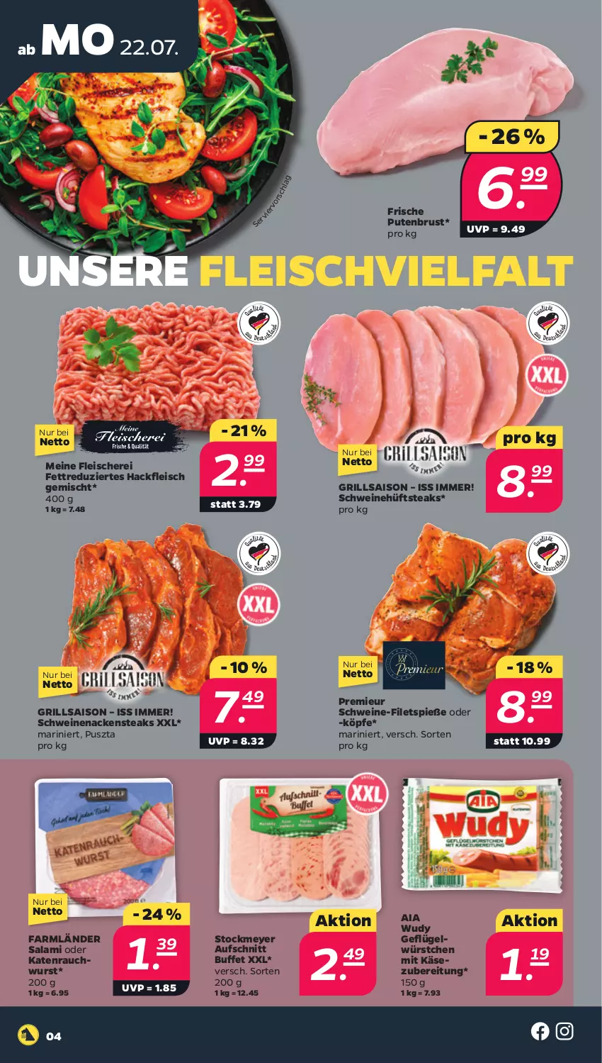 Aktueller Prospekt Netto - Woche 30 - von 22.07 bis 27.07.2024 - strona 4 - produkty: aufschnitt, eis, filet, filets, fleisch, Fleischerei, Geflügel, grill, hackfleisch, hackfleisch gemischt, hüftsteak, hüftsteaks, Käse, Nackensteak, nackensteaks, pute, putenbrust, Rauch, salami, Schere, schwein, schweine, schweine-filet, schweinenacken, steak, steaks, stockmeyer, Ti, wein, weine, wurst, würstchen