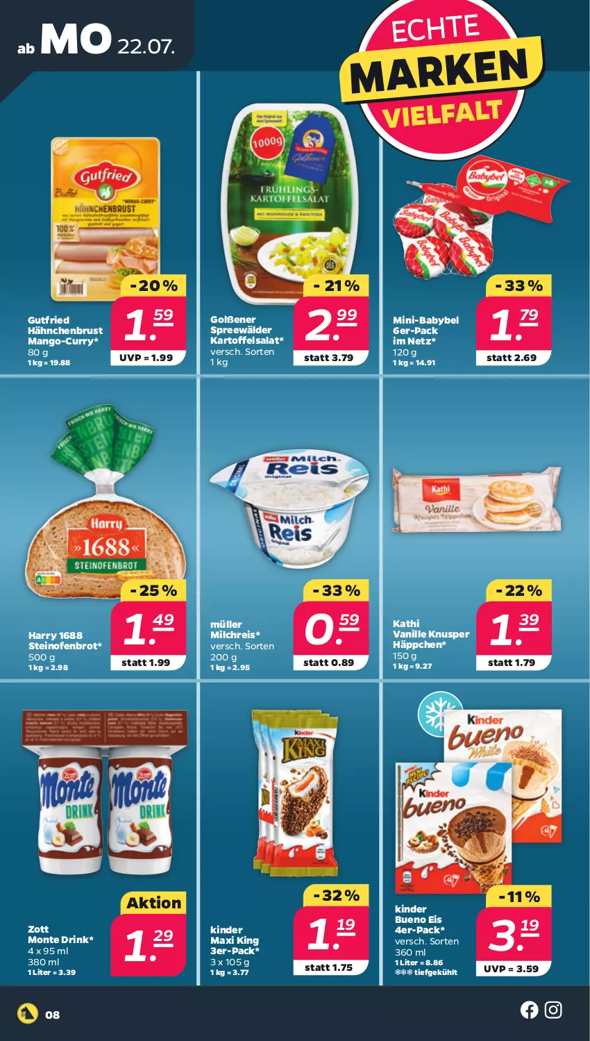 Aktueller Prospekt Netto - Woche 30 - von 22.07 bis 27.07.2024 - strona 8 - produkty: babybel, brot, curry, drink, eis, gutfried, hähnchenbrust, kartoffel, kartoffelsalat, Kinder, kinder bueno, Kinder Maxi, kinder maxi king, mango, milch, milchreis, monte, Müller, Ofen, reis, salat, spreewälder, steinofen, Ti, vanille, zott, Zott Monte