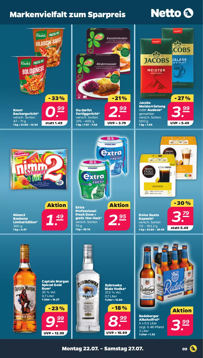 Aktueller Prospekt Netto - Woche 30 - von 22.07 bis 27.07.2024 - strona 9 - produkty: alkohol, Becher, Berger, bonbons, Cap, captain morgan, dolce gusto, eis, fertiggericht, jacobs, Jacobs Meisterröstung, knorr, Meister, meisterröstung, nimm2, radeberger, reis, rum, Ti, vodka