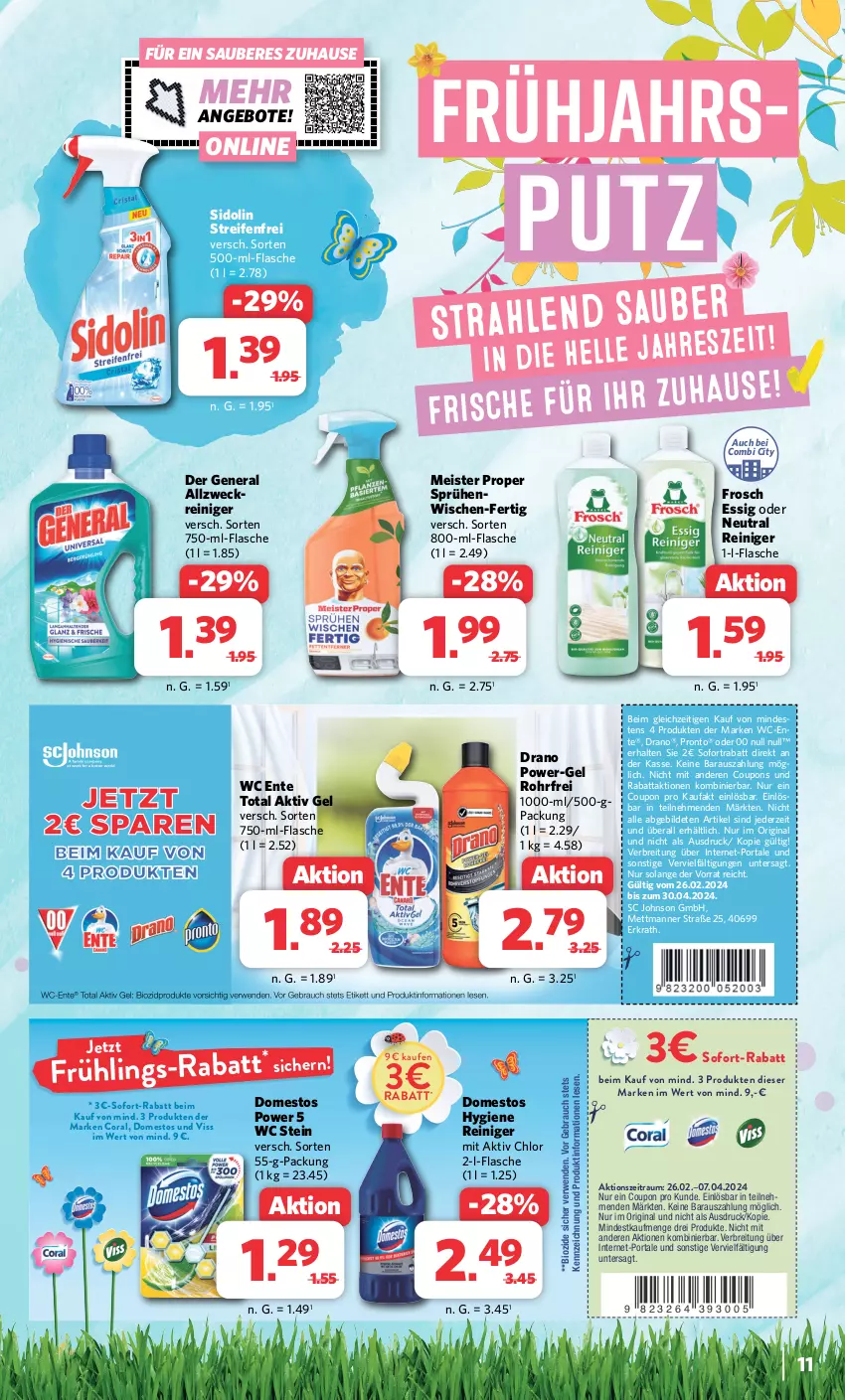 Aktueller Prospekt Combi - Prospekte - von 26.02 bis 02.03.2024 - strona 11 - produkty: aktiv gel, angebot, angebote, bio, bree, Brei, Coral, coupon, coupons, domestos, eis, ente, essig, flasche, Frosch, gin, Manner, Meister, meister proper, Mett, power-gel, Pronto, Rauch, reifen, reiniger, rwe, sidolin, sofort-rabatt, sofortrabatt, Ti, wc ente, weck